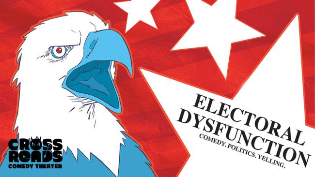 An illustrated eagle on a starry red background with the title "Electoral Dysfunction"