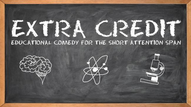 A chalkboard features the title "Extra Credit" and science-related doodles